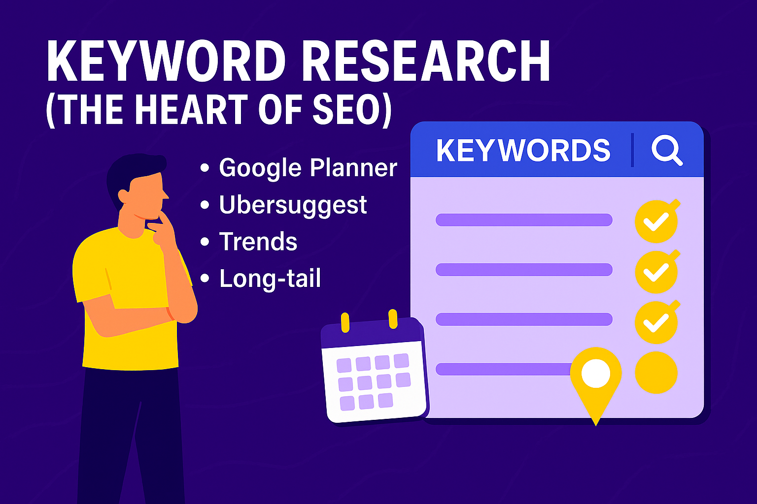 Keyword research guide for search engine optimization for beginners showing tools like Google Planner, Ubersuggest, trends, and long-tail keywords.