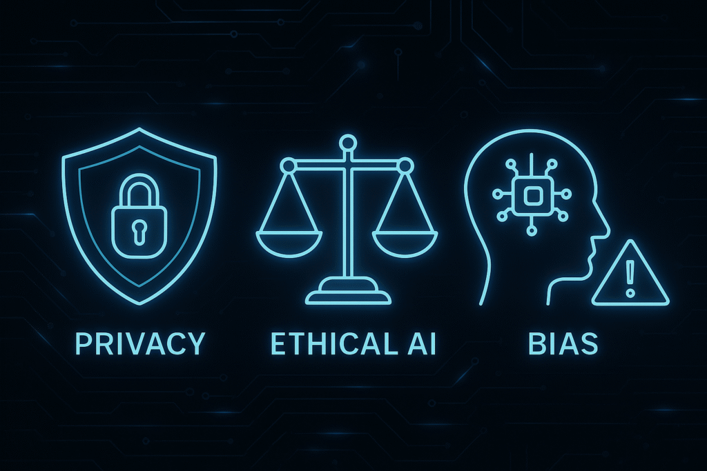 Privacy, ethical AI, and bias challenges related to digital marketing with artificial intelligence.