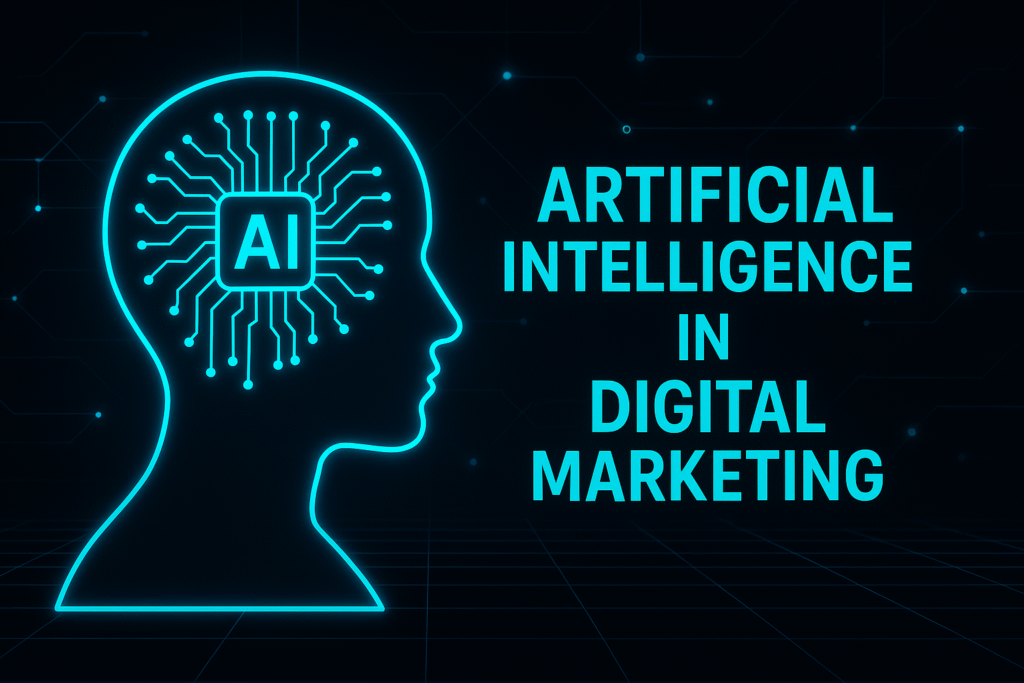 Artificial intelligence in marketing represented through an AI-powered human brain graphic highlighting how AI enhances modern marketing.