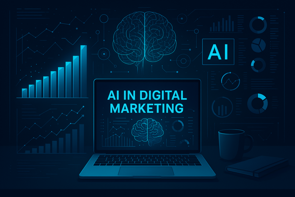 AI in digital marketing dashboard showing analytics, charts, and AI insights